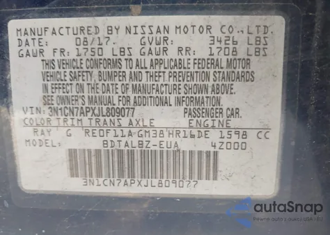 2018 Nissan Versa 1.6 Sv из США, поврежденный, VIN 3N1CN7APXJL809077